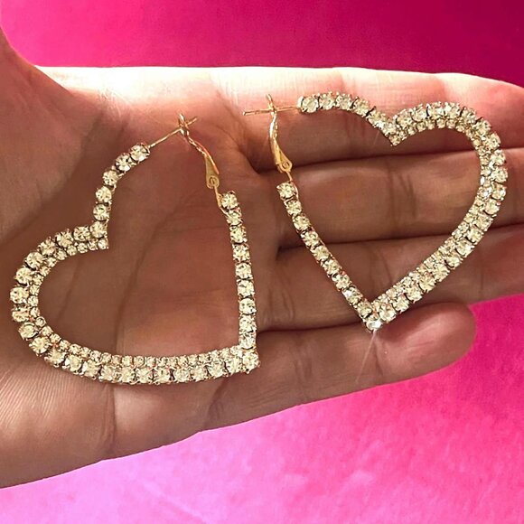 Brand New Golden Heart Earrings with Faux Crystals Size 2X2 inches - Picture 2 of 3